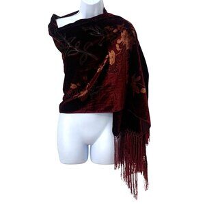 Floral Dotted Burnout Velvet Shawl Wrap Scarf w/ Long Fringe Fall Colors